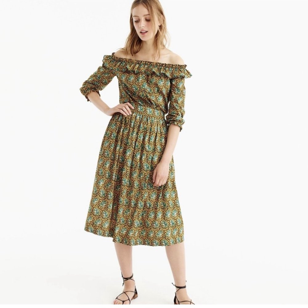 JCrew Printed Co-ord Set Ruffle Off-the-shoulder top and pleated midi skirt